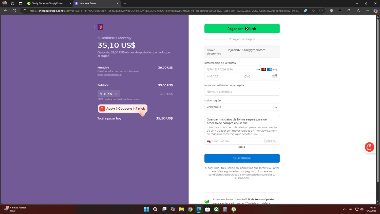 Interview Solver promo code screenshot showing code TRY10 applied at Interview Solver checkout page. Uploaded by SimplyCodes community member Flores on Feb 6, 2025