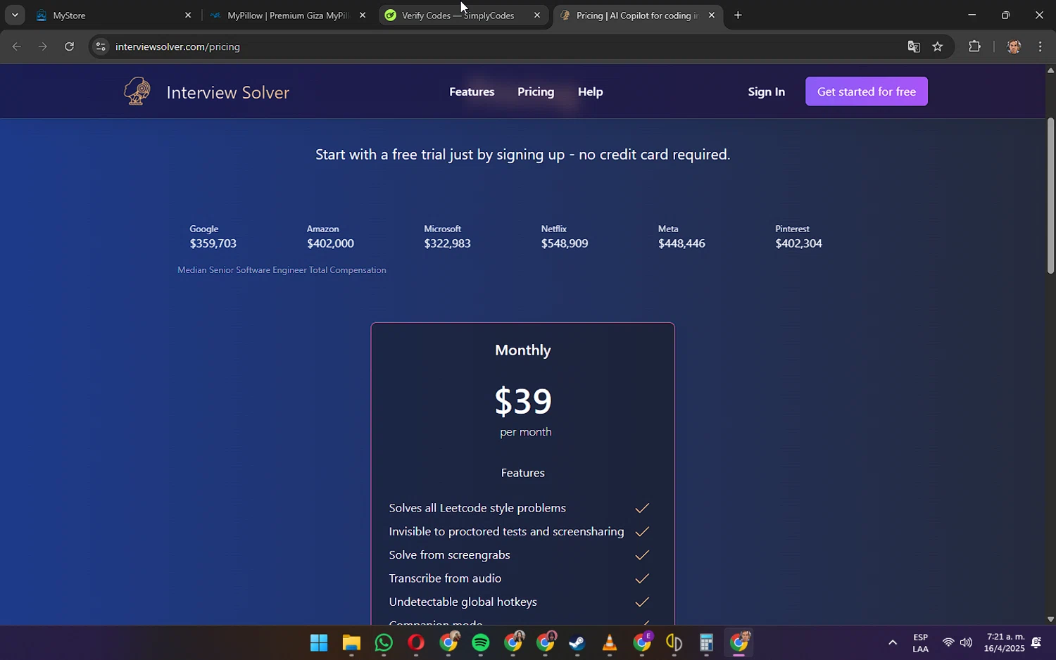 Interview Solver promo code screenshot showing code TRY20 applied at Interview Solver checkout page. Uploaded by SimplyCodes community member AshlyMichell on Apr 16, 2025