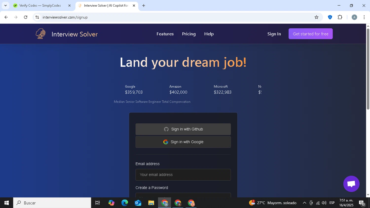 Interview Solver promo code screenshot showing code TRY20 applied at Interview Solver checkout page. Uploaded by SimplyCodes community member LoncheDeHuevito on Apr 16, 2025