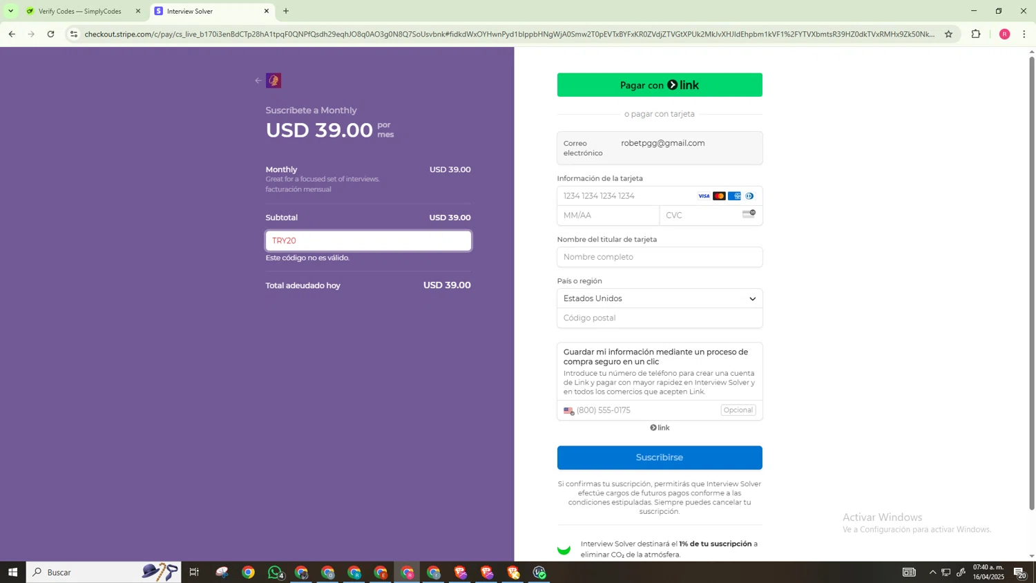 Interview Solver promo code screenshot showing code TRY20 applied at Interview Solver checkout page. Uploaded by SimplyCodes community member NobleExpert518 on Apr 16, 2025