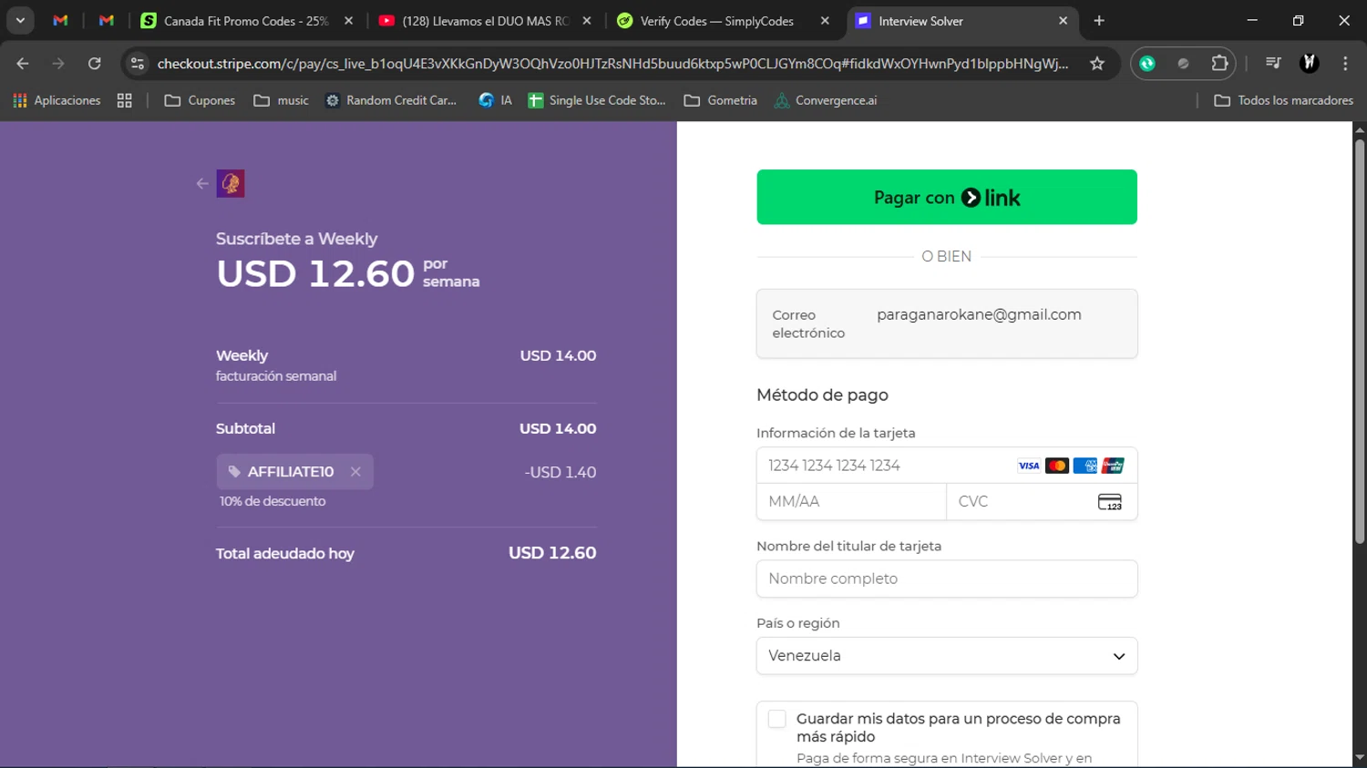 Interview Solver promo code screenshot showing code AFFILIATE10 applied at Interview Solver checkout page. Uploaded by SimplyCodes community member Charlote on Dec 1, 2025