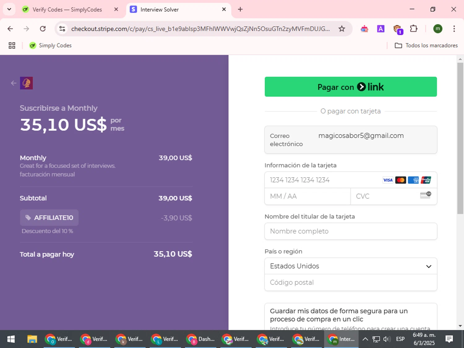 Interview Solver promo code screenshot showing code AFFILIATE10 applied at Interview Solver checkout page. Uploaded by SimplyCodes community member VoucherCollector9196 on Mar 6, 2025