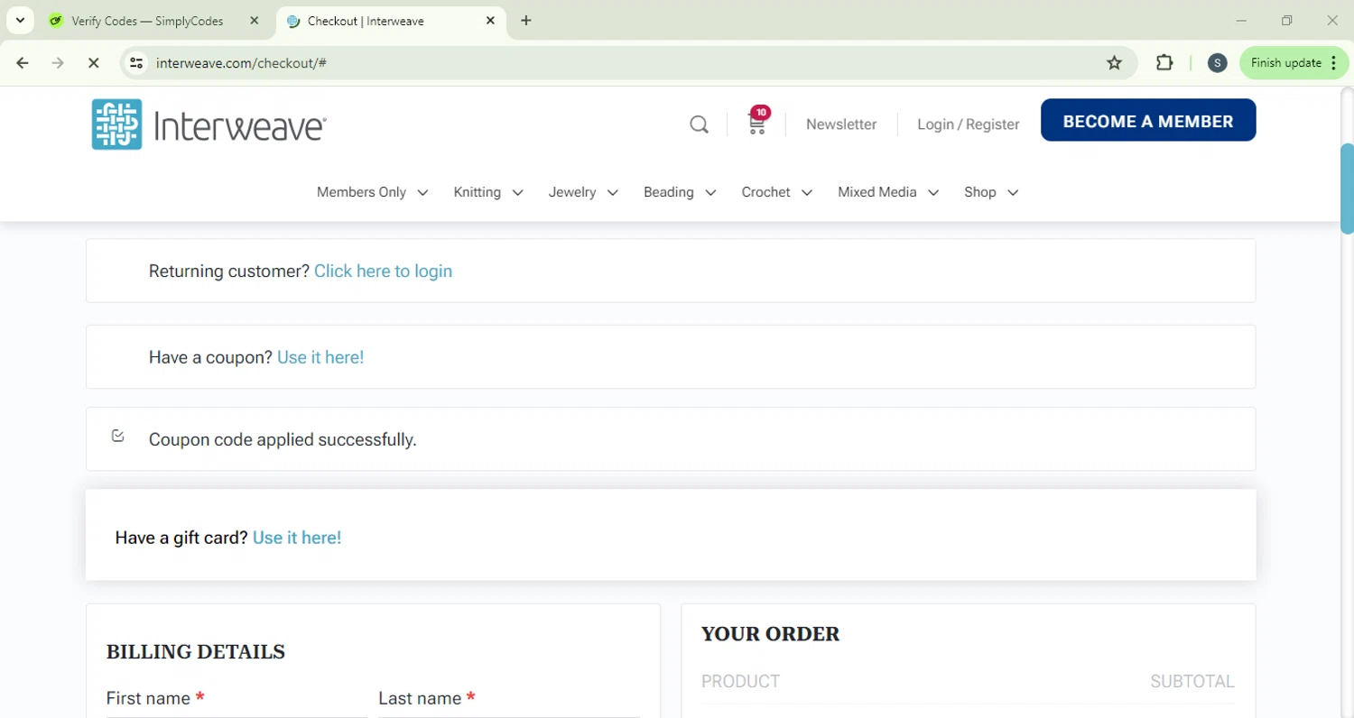 where to use Interweave Store promo code box