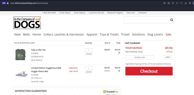 In The Company of Dogs checkout page showing In The Company of Dogs coupon code box | Screenshot taken by SimplyCodes community member on May 3, 2024