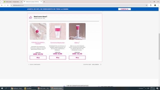 Intimina checkout page showing Intimina promo code box | Screenshot taken by SimplyCodes community member on Dec 18, 2024