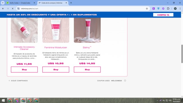 Intimina checkout page showing Intimina promo code box | Screenshot taken by SimplyCodes community member on May 16, 2025