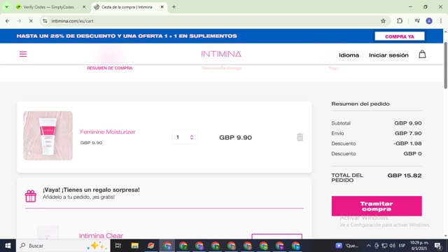 Intimina checkout page showing Intimina promo code box | Screenshot taken by SimplyCodes community member on May 9, 2025