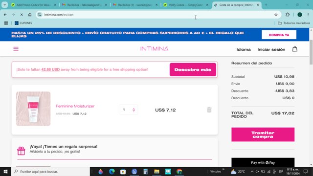 Intimina checkout page showing Intimina promo code box | Screenshot taken by SimplyCodes community member on Nov 19, 2024