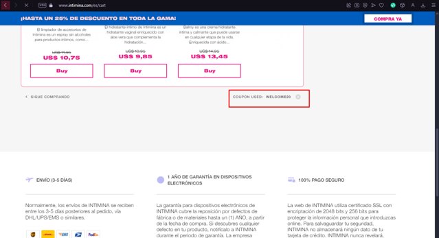 Intimina checkout page showing Intimina promo code box | Screenshot taken by SimplyCodes community member on Dec 30, 2024