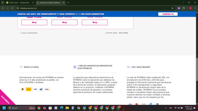 Intimina checkout page showing Intimina promo code box | Screenshot taken by SimplyCodes community member on May 9, 2025
