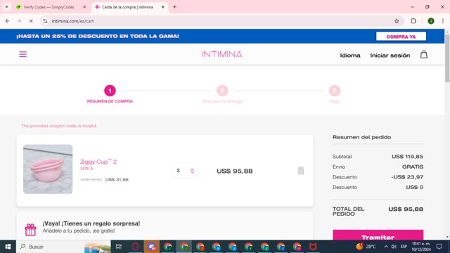 Intimina checkout page showing Intimina promo code box | Screenshot taken by SimplyCodes community member on Dec 10, 2024