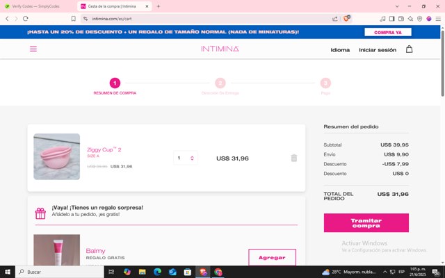 Intimina checkout page showing Intimina promo code box | Screenshot taken by SimplyCodes community member on Jun 21, 2025