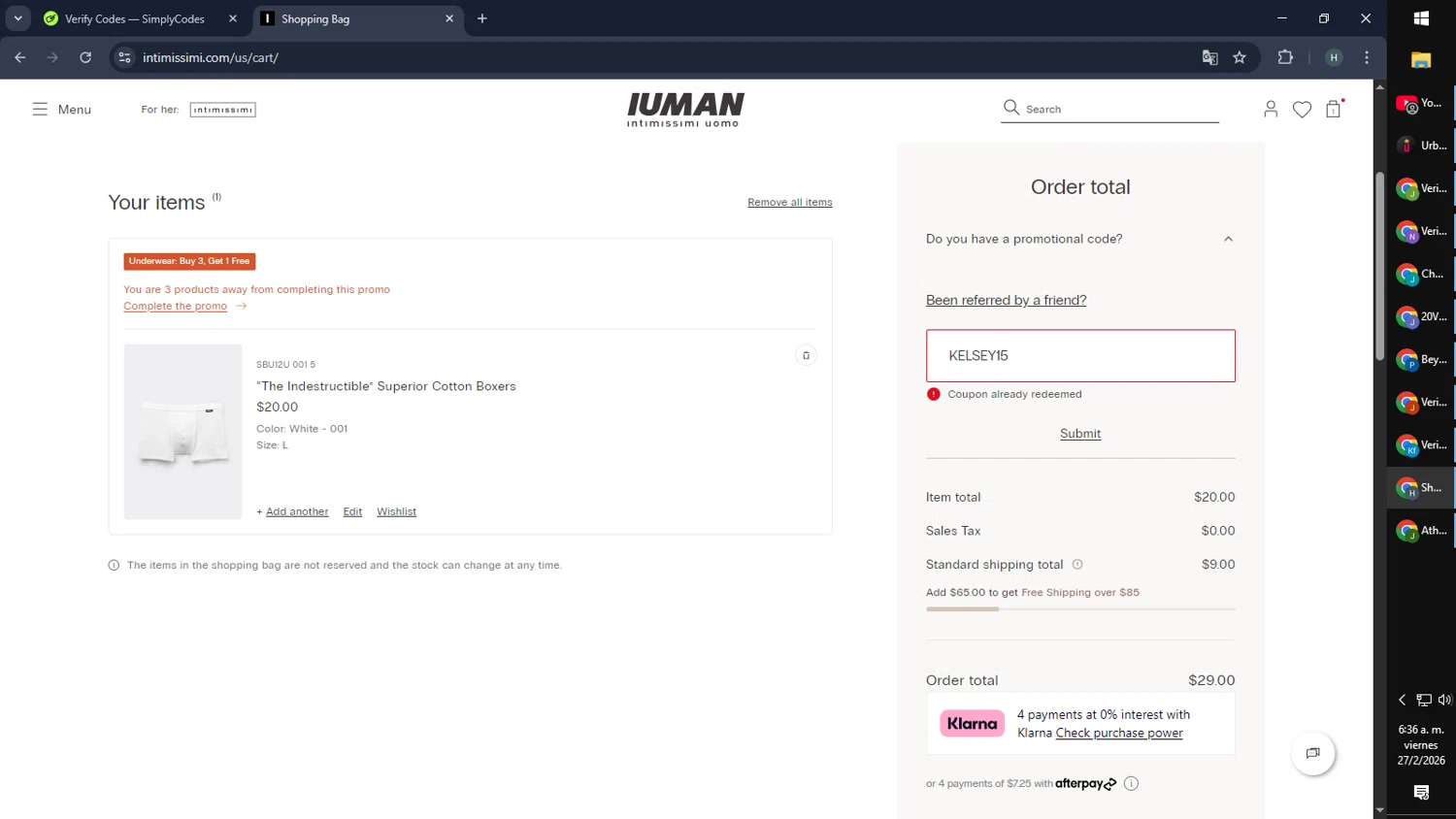 Intimissimi promo code screenshot showing code KELSEY15 applied at Intimissimi checkout page. Uploaded by SimplyCodes community member SmartMaverick5327 on Feb 27, 2026