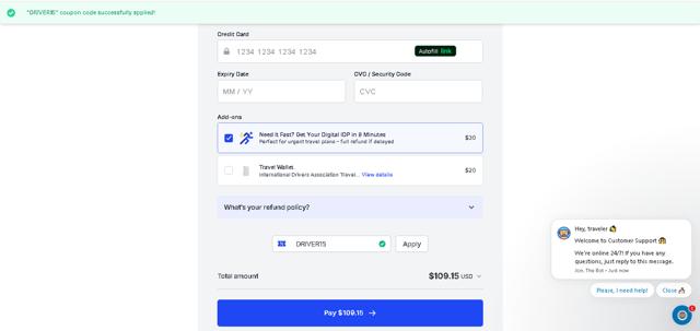 International Drivers Association checkout page showing International Drivers Association coupon code box | Screenshot taken by SimplyCodes community member on Aug 20, 2025