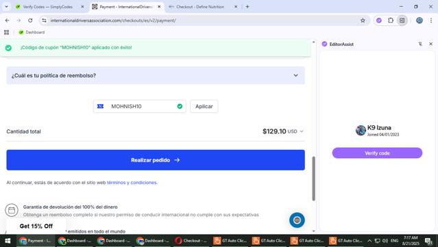 International Drivers Association checkout page showing International Drivers Association coupon code box | Screenshot taken by SimplyCodes community member on Aug 21, 2025