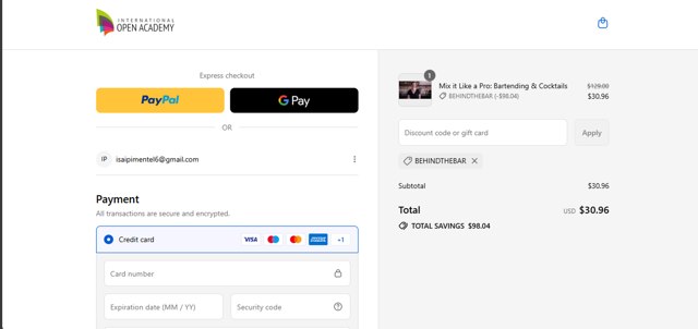 International Open Academy checkout page showing International Open Academy promo code box | Screenshot taken by SimplyCodes community member on Sep 5, 2025