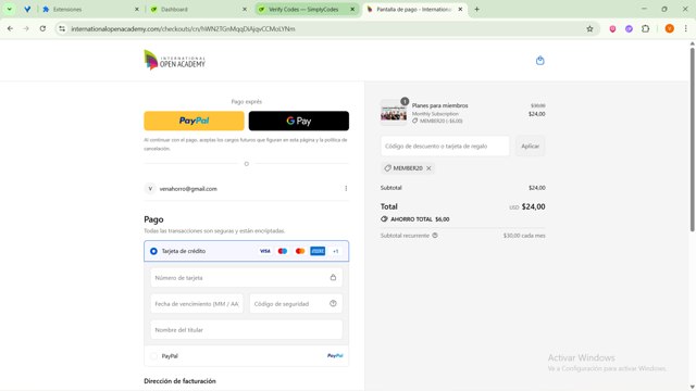 International Open Academy checkout page showing International Open Academy promo code box | Screenshot taken by SimplyCodes community member on Sep 1, 2025