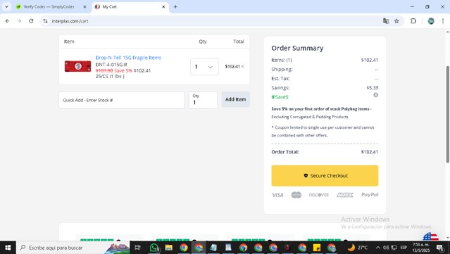 International Plastics checkout page showing International Plastics coupon code box | Screenshot taken by SimplyCodes community member on May 13, 2025