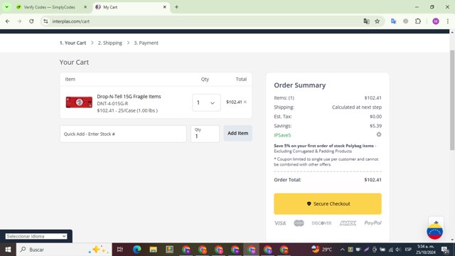 International Plastics checkout page showing International Plastics coupon code box | Screenshot taken by SimplyCodes community member on Oct 25, 2024