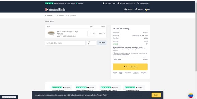 International Plastics checkout page showing International Plastics coupon code box | Screenshot taken by SimplyCodes community member on Jun 13, 2024