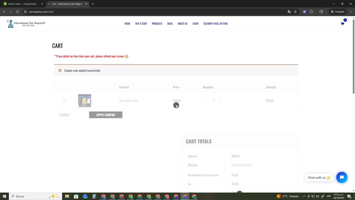 International Star Registry promo code screenshot showing code STARS10 applied at International Star Registry checkout page. Uploaded by SimplyCodes community member CRF250CC on Oct 24, 2025
