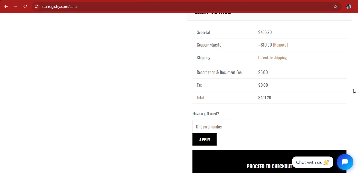 International Star Registry promo code screenshot showing code STARS10 applied at International Star Registry checkout page. Uploaded by SimplyCodes community member kimberlinmartinez on May 11, 2025