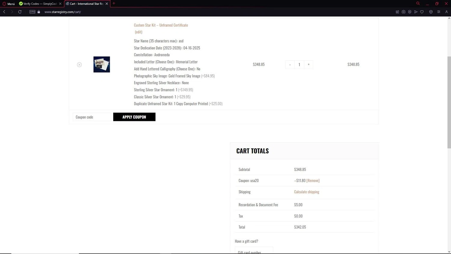 International Star Registry promo code screenshot showing code USA20 applied at International Star Registry checkout page. Uploaded by SimplyCodes community member CodeSeeker9284 on Apr 27, 2025