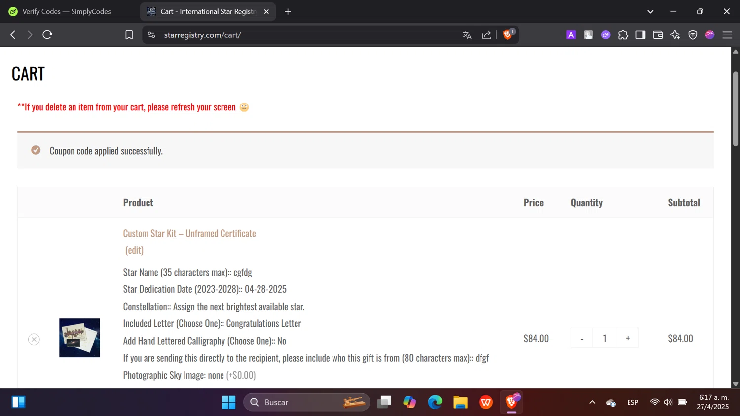International Star Registry promo code screenshot showing code USA20 applied at International Star Registry checkout page. Uploaded by SimplyCodes community member hanzell2 on Apr 27, 2025