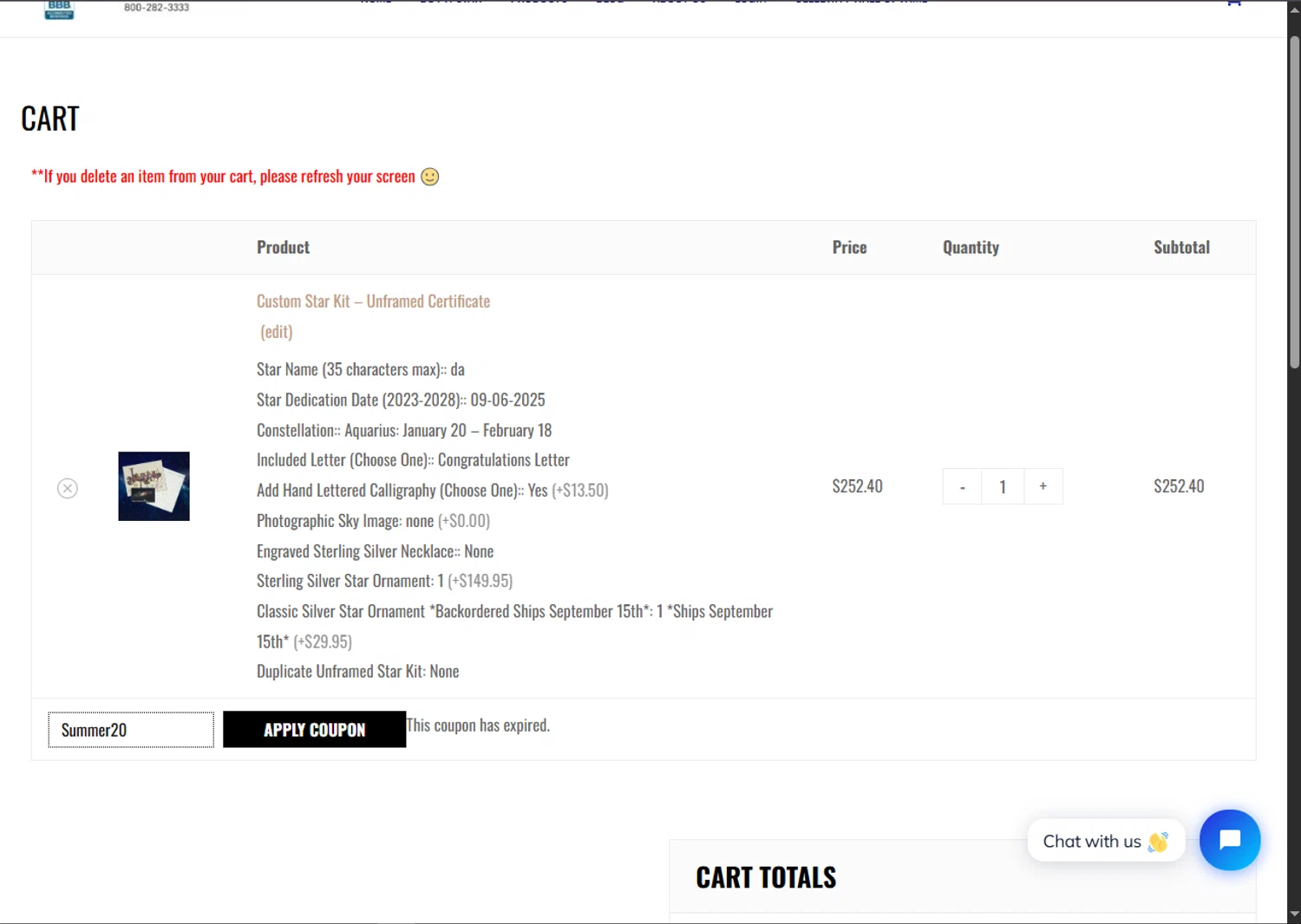International Star Registry promo code screenshot showing code Summer20 applied at International Star Registry checkout page. Uploaded by SimplyCodes community member BargainSaver8204 on Sep 3, 2025