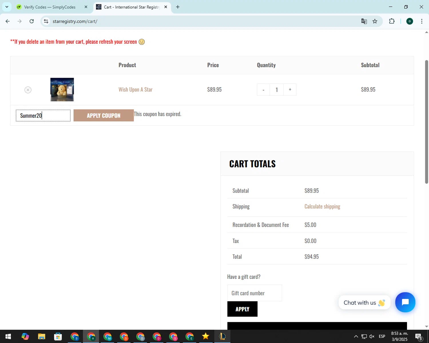 International Star Registry promo code screenshot showing code Summer20 applied at International Star Registry checkout page. Uploaded by SimplyCodes community member 00000008 on Sep 3, 2025