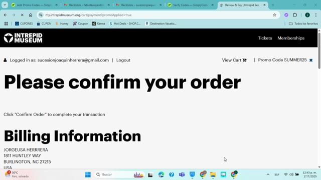 Intrepid Museum checkout page showing Intrepid Museum promo code box | Screenshot taken by SimplyCodes community member on Jul 17, 2025
