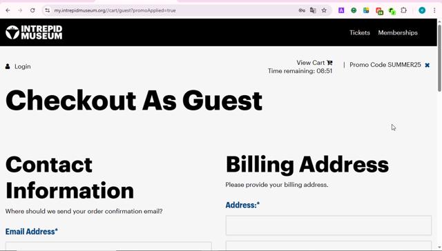 Intrepid Museum checkout page showing Intrepid Museum promo code box | Screenshot taken by SimplyCodes community member on Sep 14, 2025