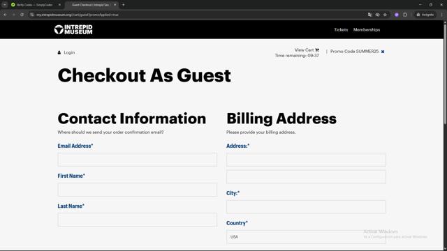 Intrepid Museum checkout page showing Intrepid Museum promo code box | Screenshot taken by SimplyCodes community member on Aug 16, 2025
