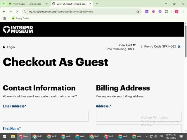 Intrepid Museum checkout page showing Intrepid Museum promo code box | Screenshot taken by SimplyCodes community member on Jul 18, 2025