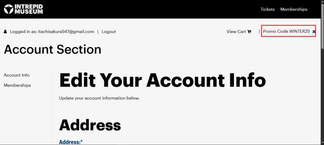 Intrepid Museum checkout page showing Intrepid Museum promo code box | Screenshot taken by SimplyCodes community member on Sep 15, 2025