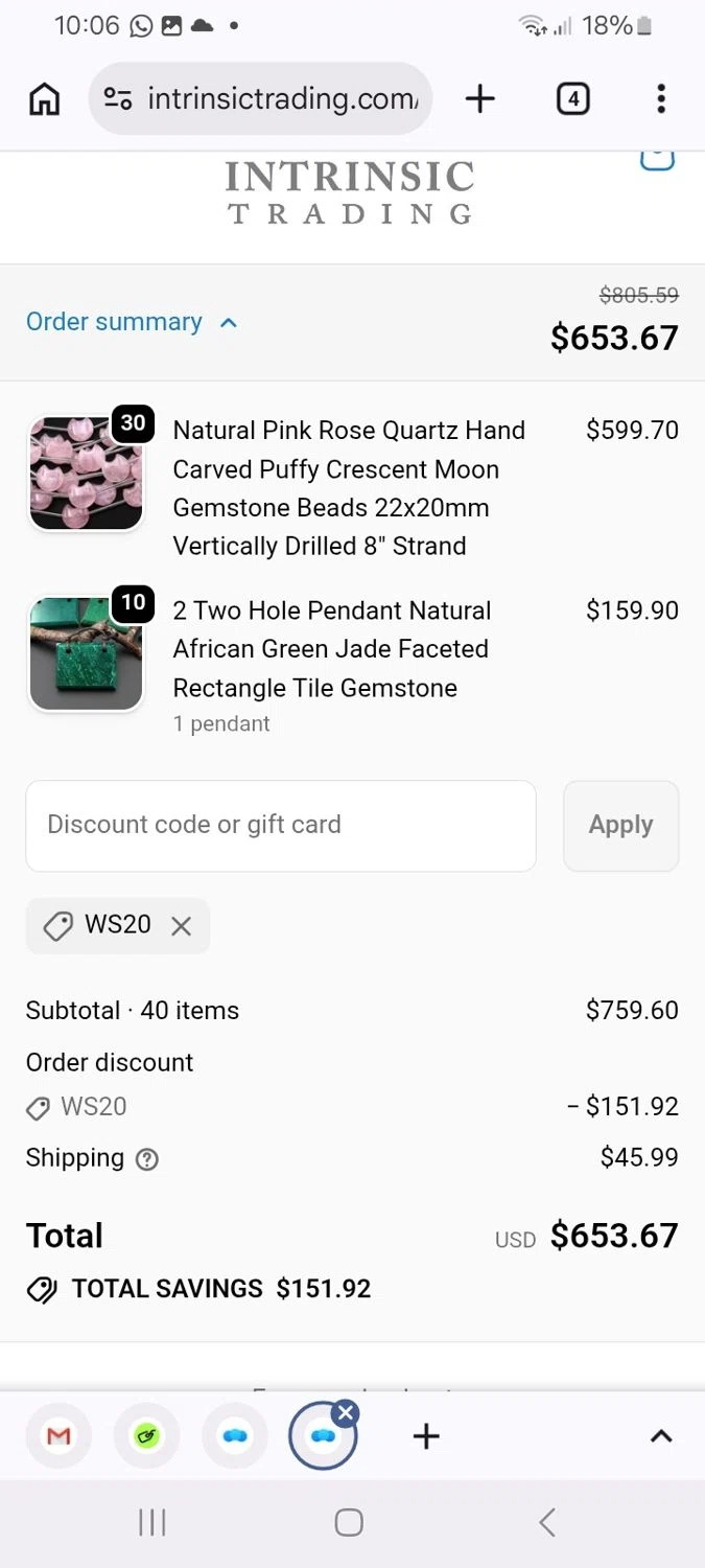 Intrinsic Trading promo code screenshot showing code WS20 applied at Intrinsic Trading checkout page. Uploaded by SimplyCodes community member ScanMaverick9378 on Jun 8, 2026