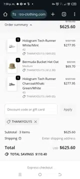 THANKYOU15 coupon verification screenshot