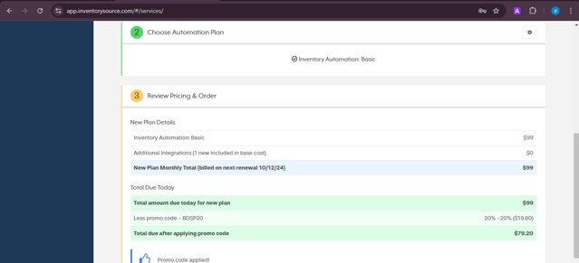 Inventory Source checkout page showing Inventory Source promo code box | Screenshot taken by SimplyCodes community member on Sep 12, 2024