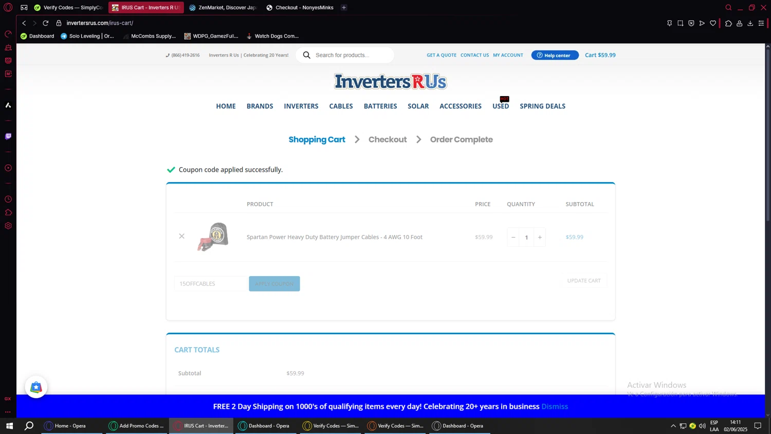 Inverters R Us coupon code screenshot showing code 15OFFCABLES applied at Inverters R Us checkout page. Uploaded by SimplyCodes community member BANKAI on Jun 2, 2025