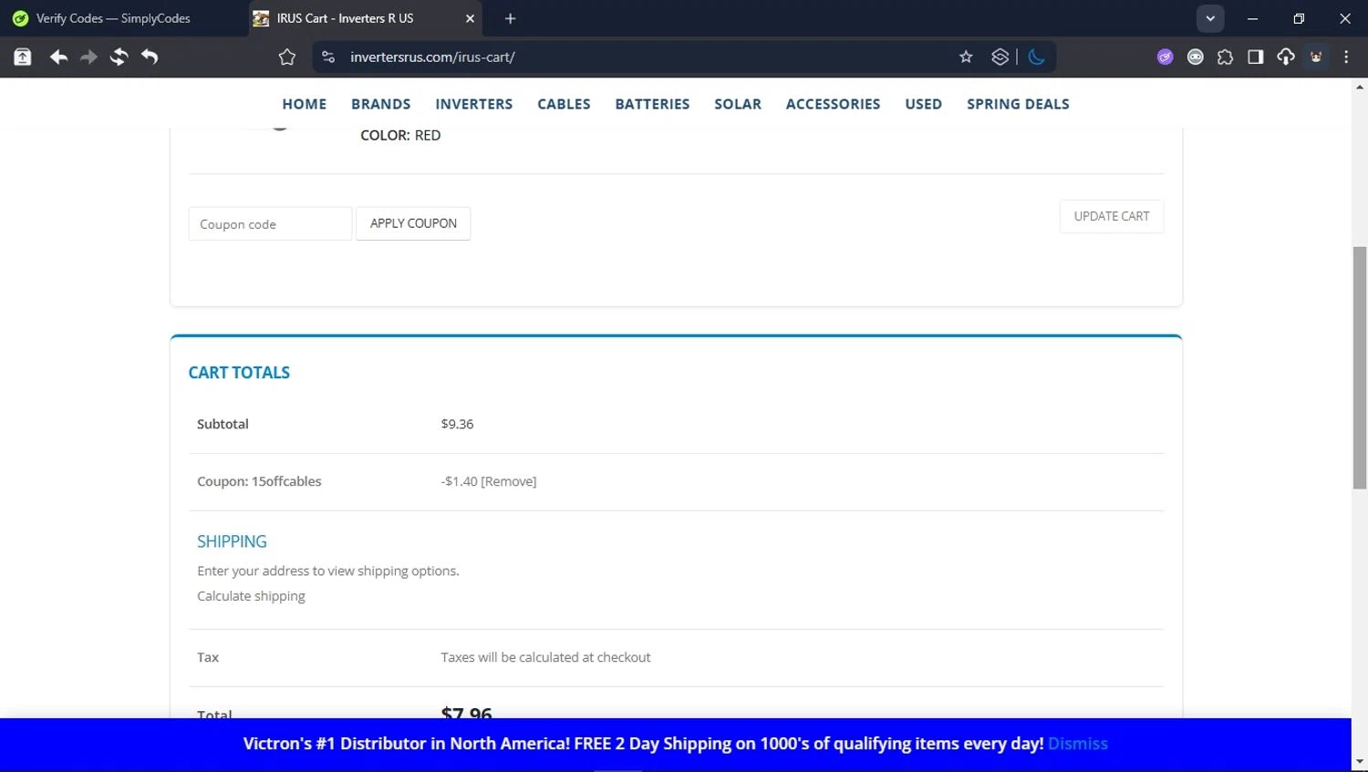 Inverters R Us coupon code screenshot showing code 15OFFCABLES applied at Inverters R Us checkout page. Uploaded by SimplyCodes community member User_Randon1 on Oct 29, 2025