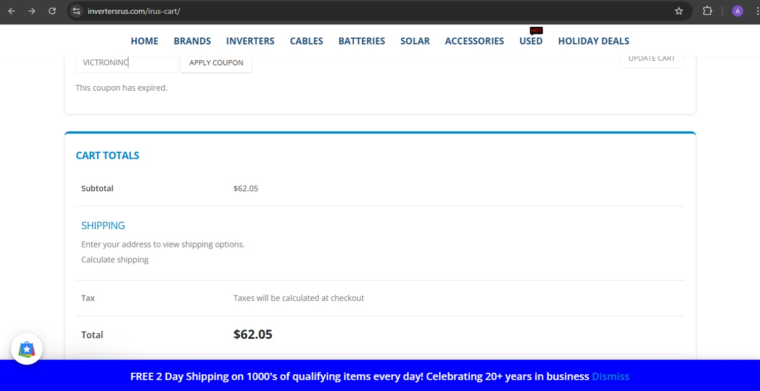 Inverters R Us coupon code screenshot showing code VICTRONINC applied at Inverters R Us checkout page. Uploaded by SimplyCodes community member IronHorse on Jan 5, 2025