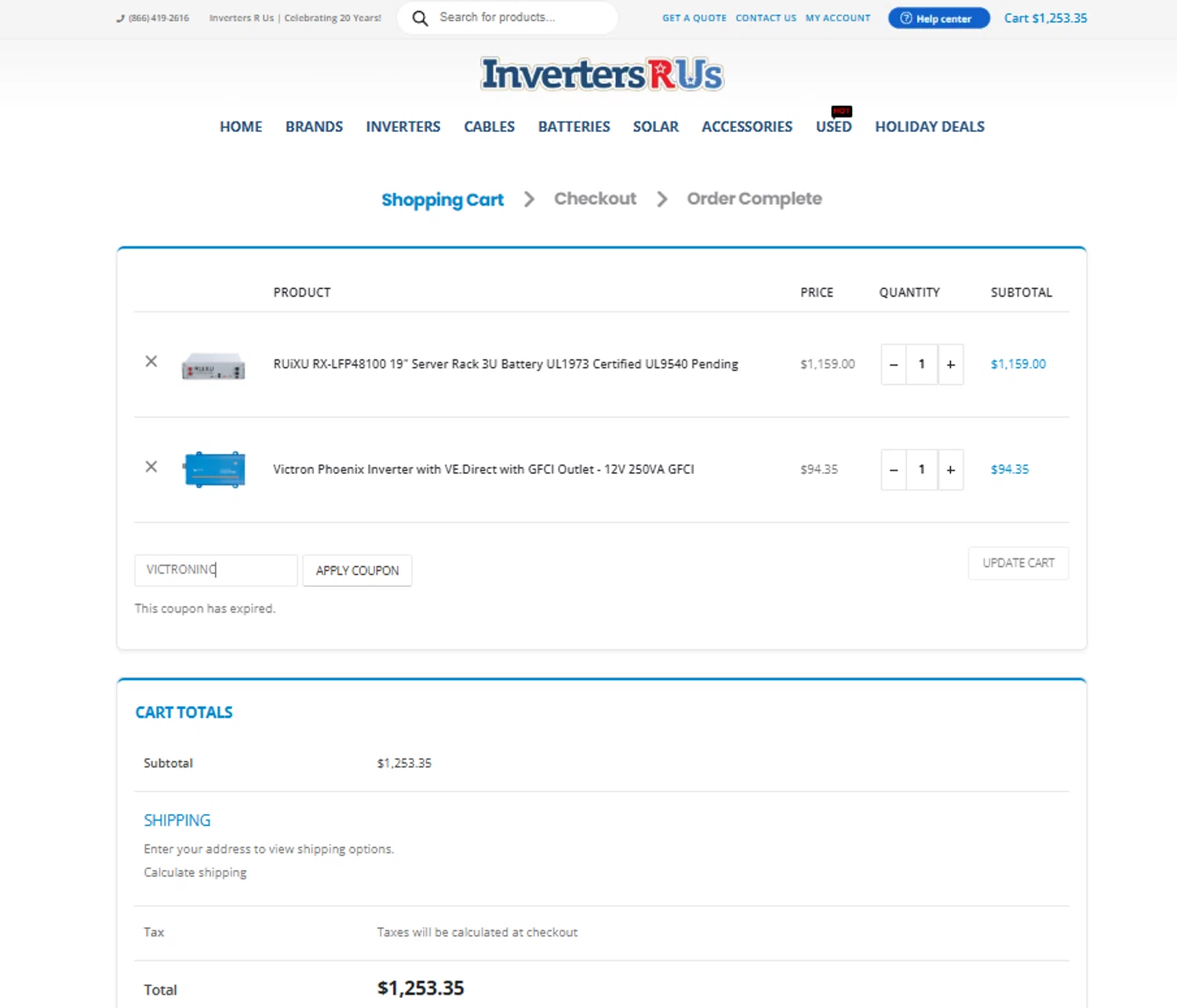 Inverters R Us coupon code screenshot showing code VICTRONINC applied at Inverters R Us checkout page. Uploaded by SimplyCodes community member Tortugasninja on Mar 8, 2025