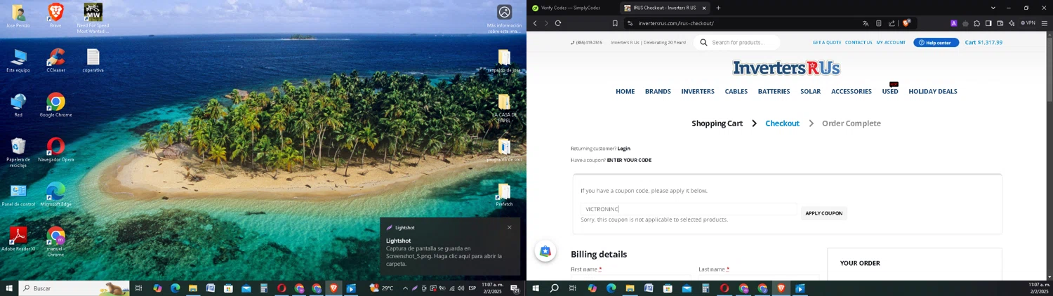 Inverters R Us coupon code screenshot showing code VICTRONINC applied at Inverters R Us checkout page. Uploaded by SimplyCodes community member FrugalMonarch7277 on Feb 2, 2025
