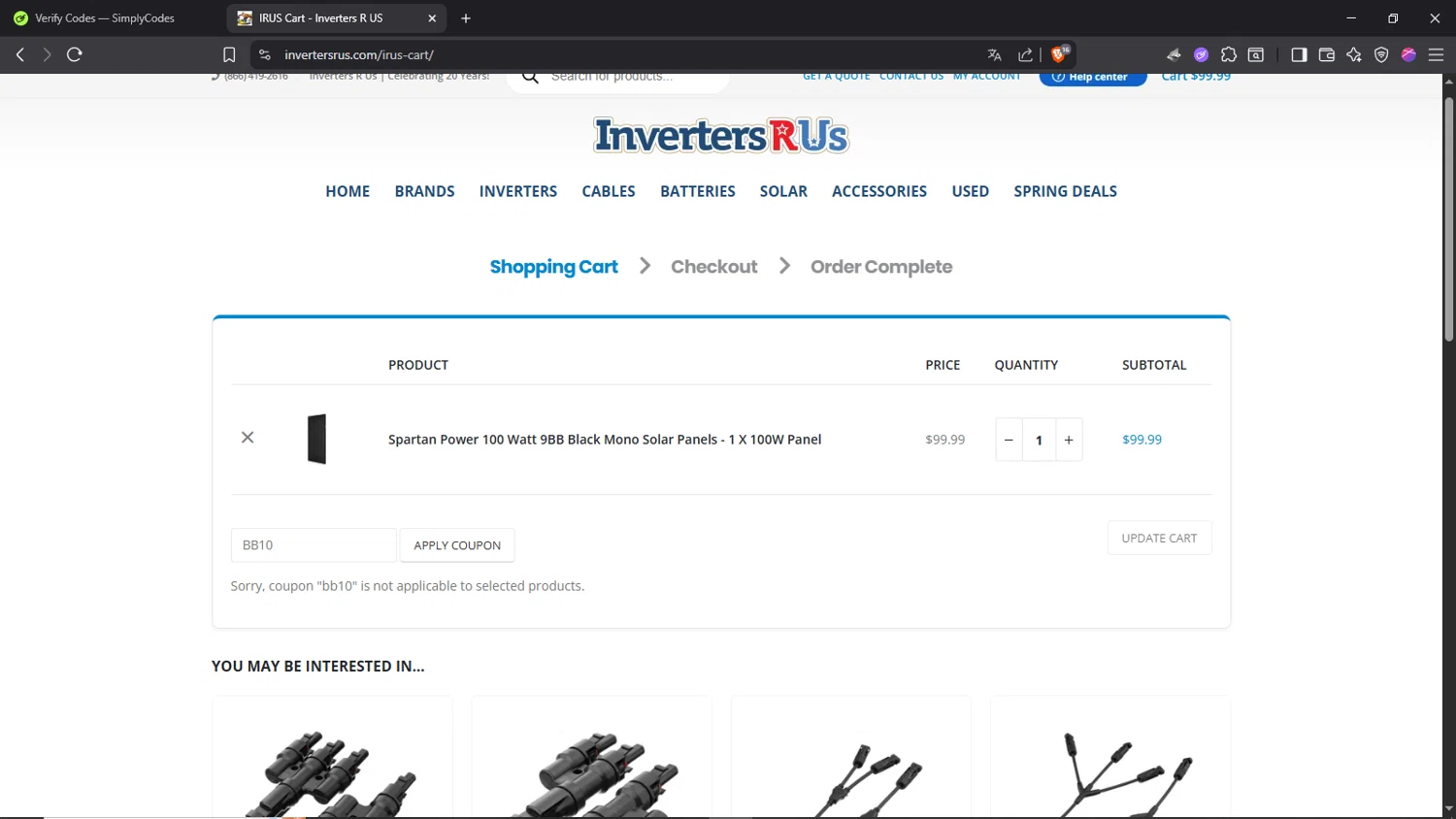 Inverters R Us coupon code screenshot showing code BB10 applied at Inverters R Us checkout page. Uploaded by SimplyCodes community member Morrachida04 on Aug 13, 2025