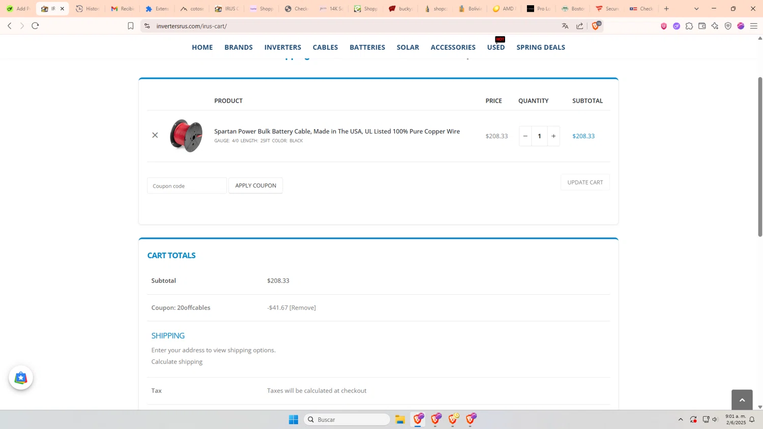 Inverters R Us coupon code screenshot showing code 20OFFCABLES applied at Inverters R Us checkout page. Uploaded by SimplyCodes community member AnthonyGTX on Jun 2, 2025