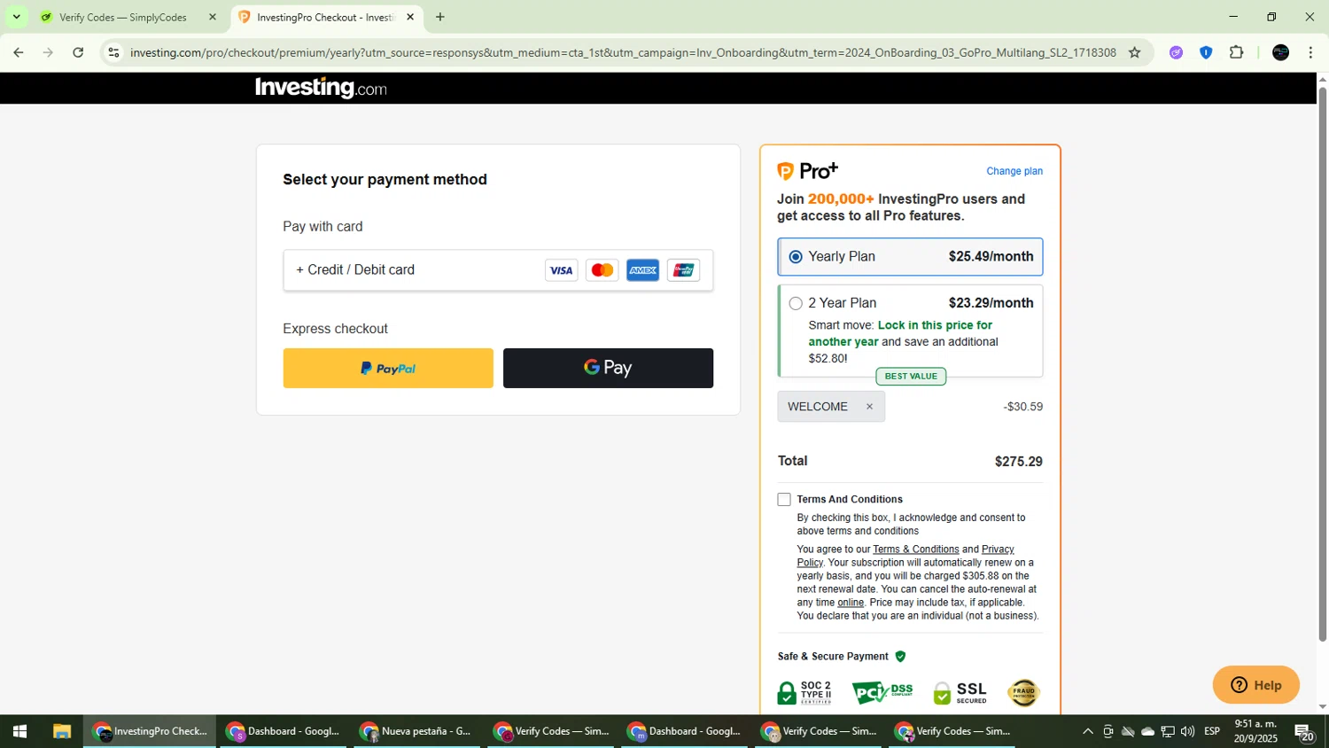 Investing.com coupon code screenshot showing code WELCOME applied at Investing.com checkout page. Uploaded by SimplyCodes community member CarmenVGR on Sep 20, 2025