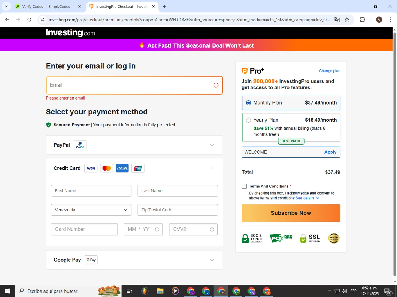 Investing.com coupon code screenshot showing code WELCOME applied at Investing.com checkout page. Uploaded by SimplyCodes community member CashLion3448 on Nov 17, 2025