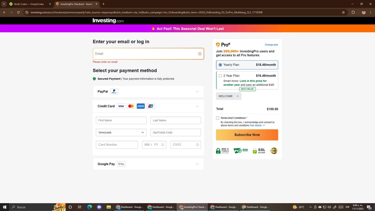Investing.com coupon code screenshot showing code WELCOME applied at Investing.com checkout page. Uploaded by SimplyCodes community member El_mynor on Nov 17, 2025