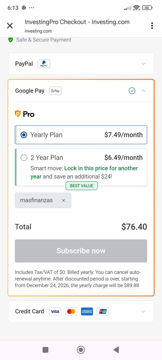 Investing.com coupon code screenshot showing code masfinanzas applied at Investing.com checkout page. Uploaded by SimplyCodes community member ShieldWhiz4659 on Dec 24, 2025