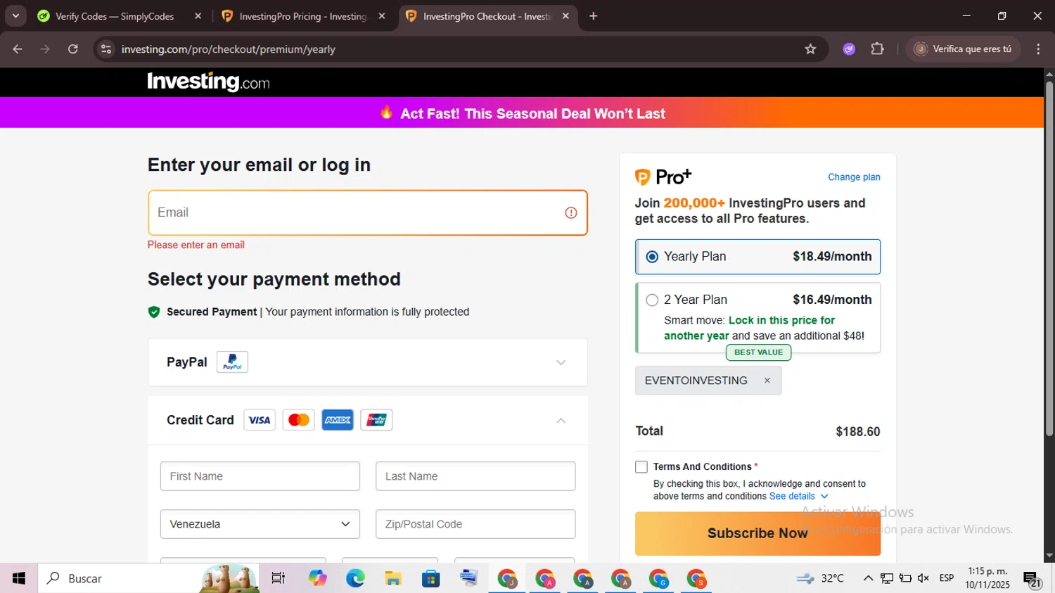 Investing.com coupon code screenshot showing code EVENTOINVESTING applied at Investing.com checkout page. Uploaded by SimplyCodes community member CrownChaser949 on Nov 10, 2025